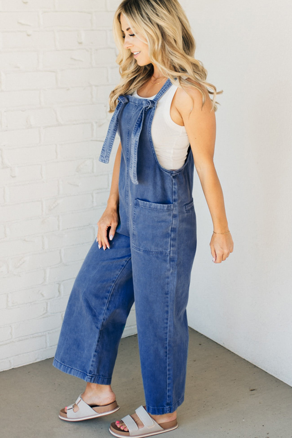 Prussian Blue Mineral Wash Knotted Strap Patched Pocket Wide Leg Denim Overall