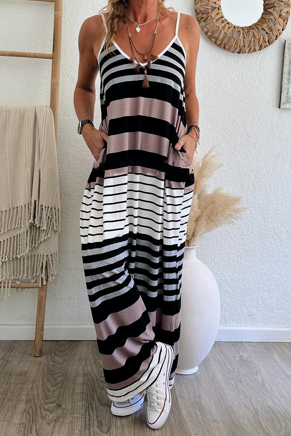Multicolour Mixed Stripes Spaghetti Straps V Neck Maxi Dress