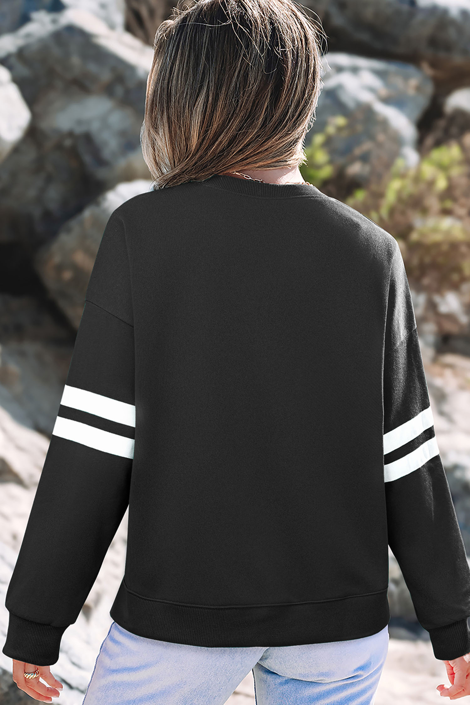 Black Sequin Mardi Crown Dropped Shoulder Varsity Sweatshirt