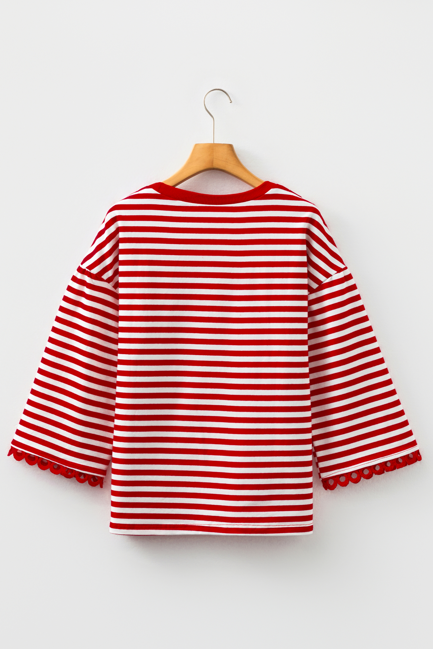Racing Red Striped Print Drop Shoulder Lace Trim Bracelet Sleeve Loose Top