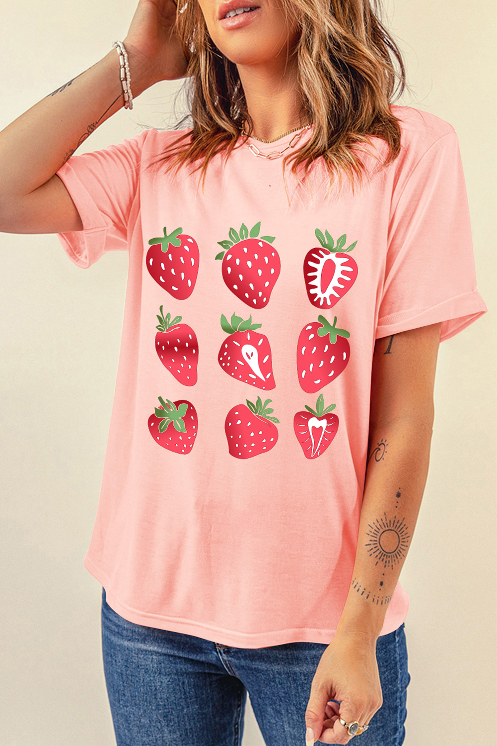 Pink Strawberry Fruit Pattern Graphic Tee