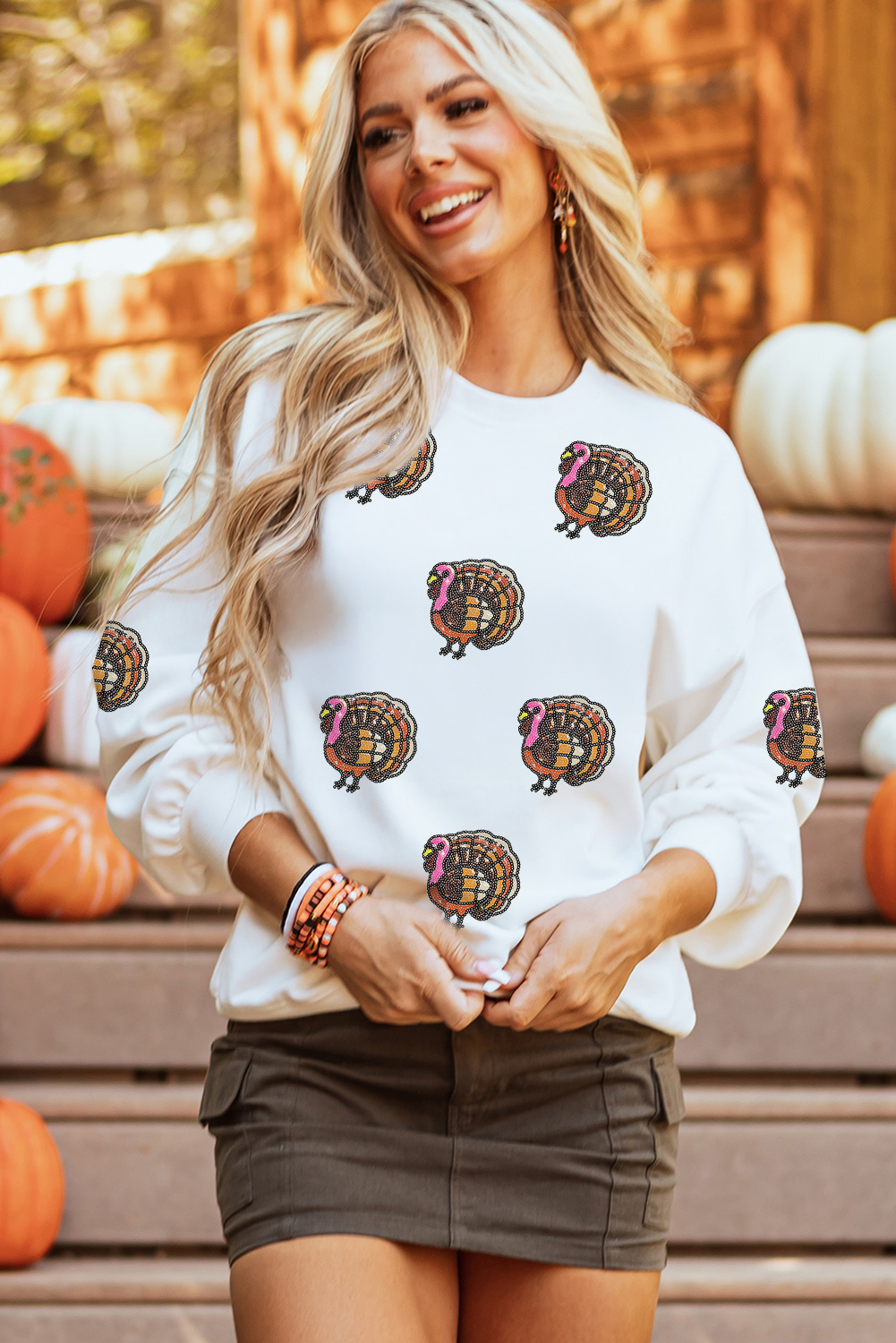 White Thanksgiving Turkey Sequin Patched Pullover Sweatshirt