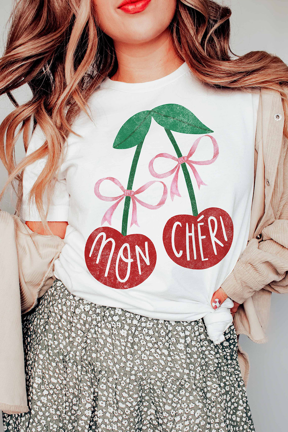 Pink Bow Cherry Print Crew Neck Casual T Shirt