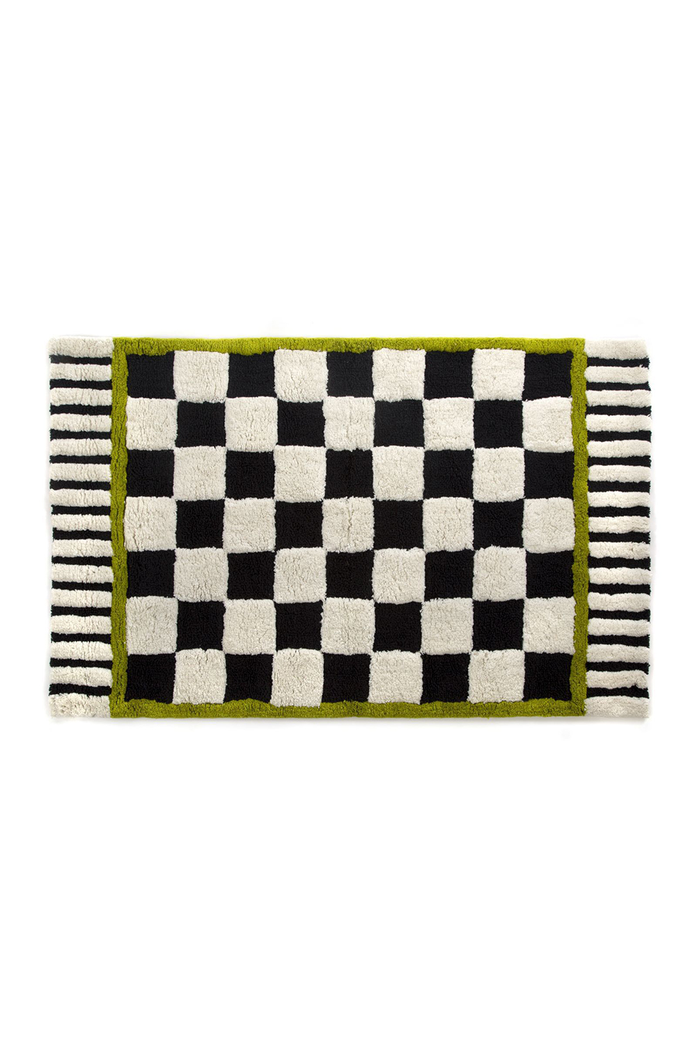 Spinach Green Square Trim Plush Checkered Striped Bath Rug