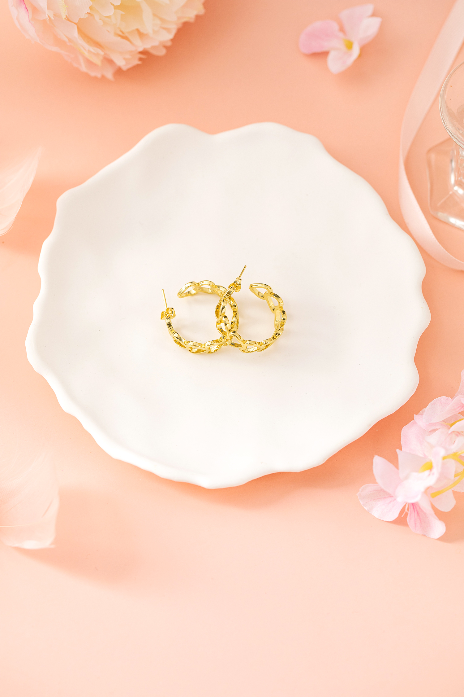Gold Plated Heart Link Hoop Stud Earrings