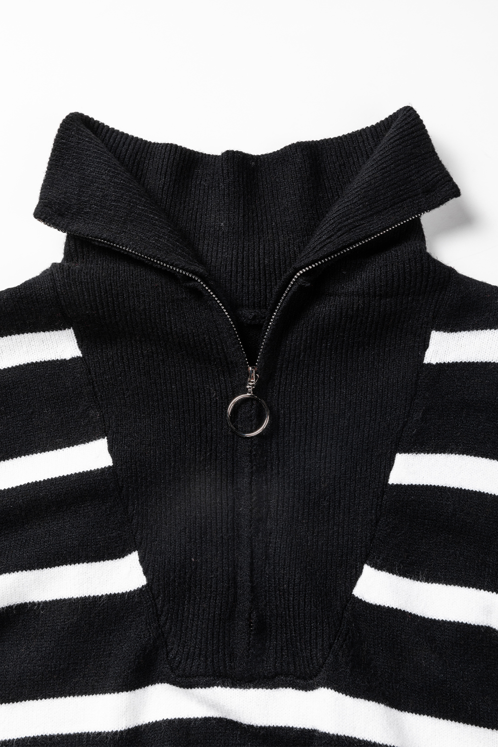 Black Striped O-ring Zip Collared Loose Sweater Mini Dress