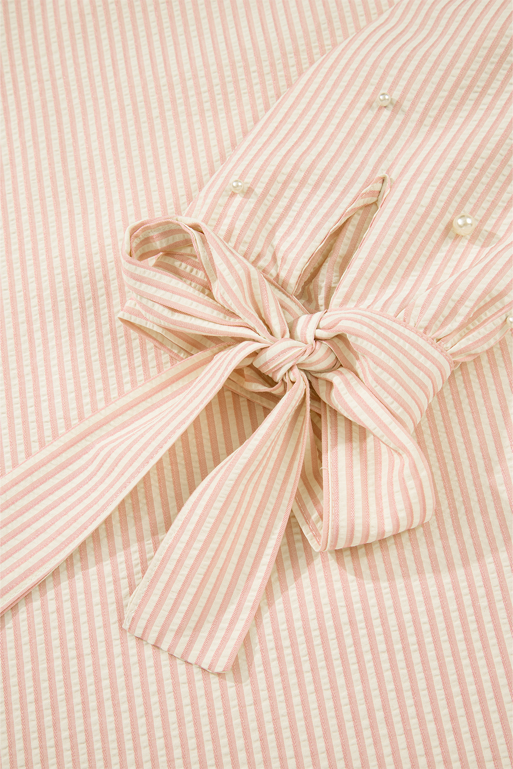Pink Stripe Bow Knot Cuff Pearl Embellished Puff Sleeve V Neck Blouse