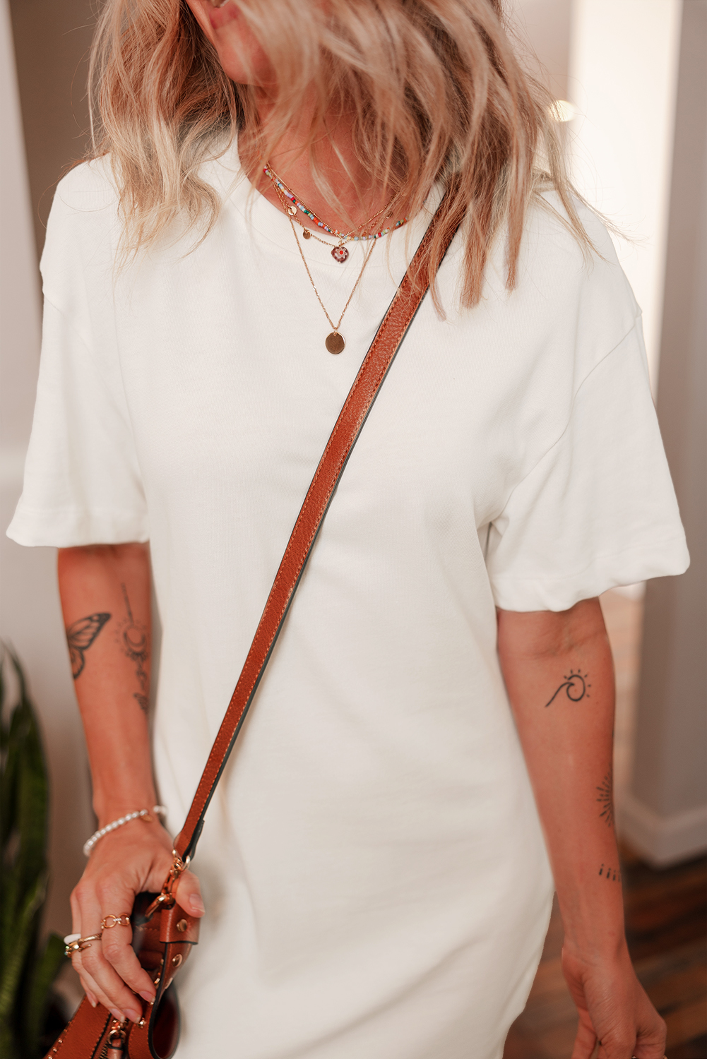 White Drop Shoulder Crew Neck Shift T Shirt Dress