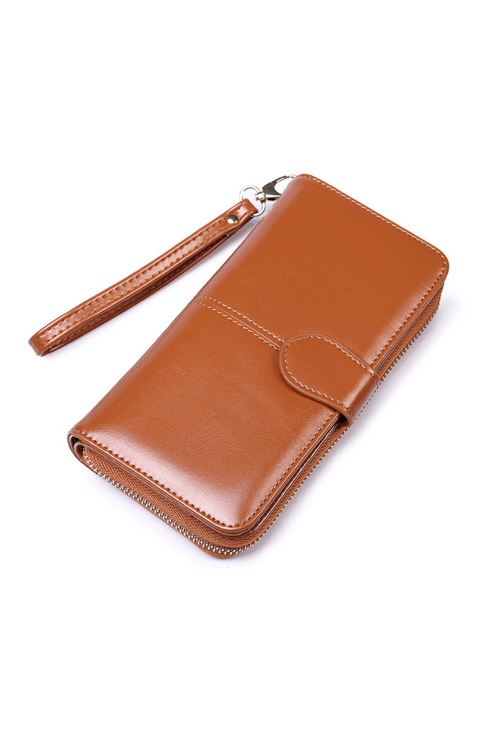 Cinnamon Faux Leather Zip Around Wrist Strap Long Wallet