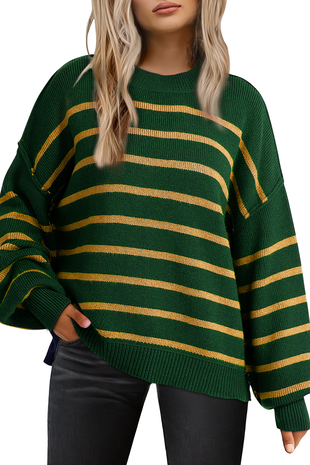 Green Stripe Ribbed Drop Shoulder Baggy Sweater
