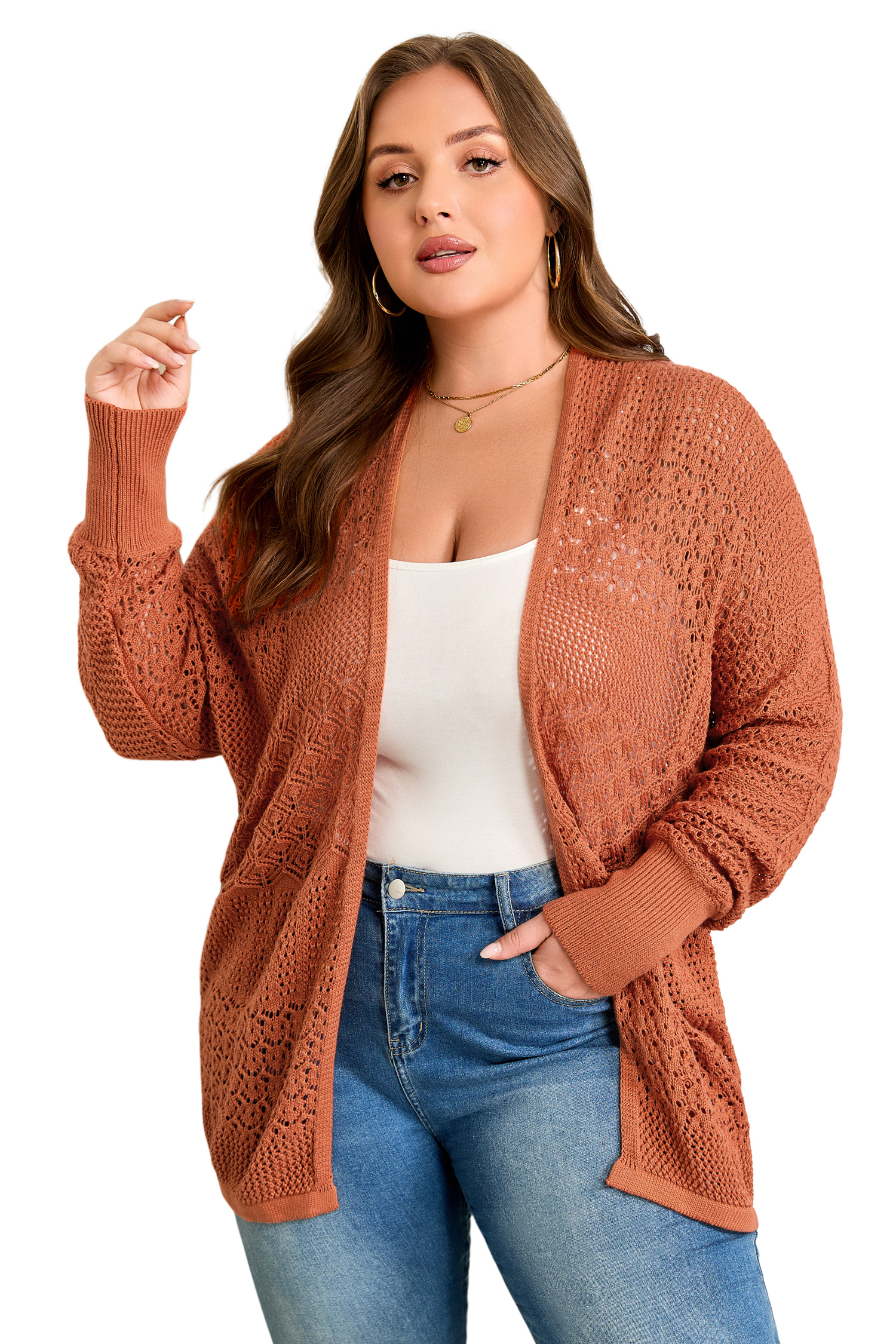Redwood Burl Mixed Pattern Knitted Open Front Plus Cardigan