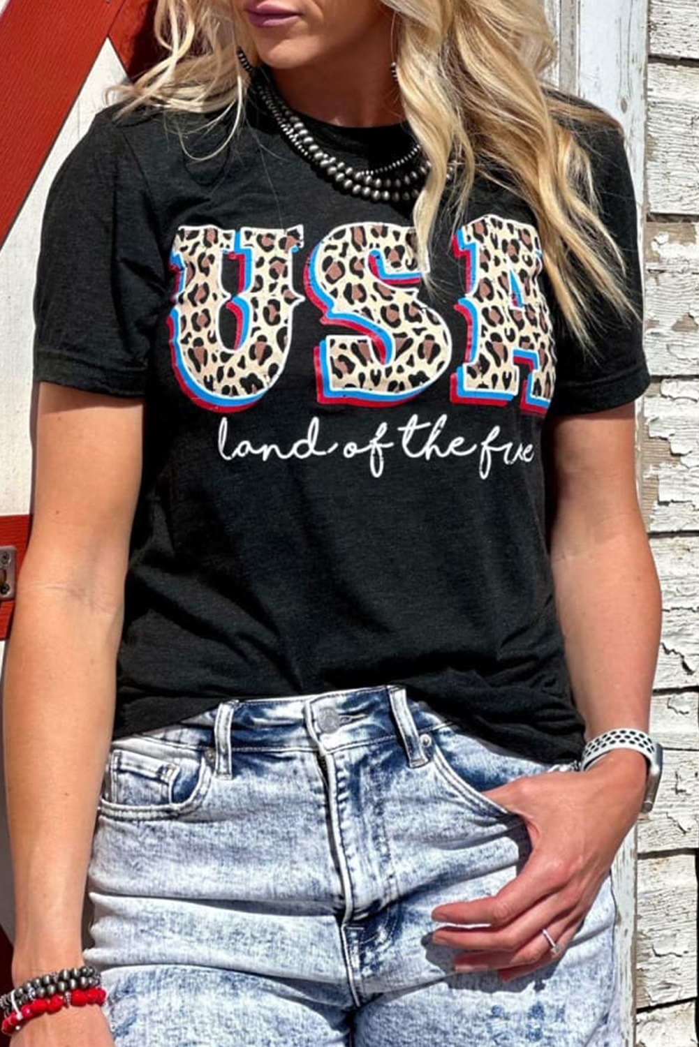 Gray Blooming USA Flag Print Casual T Shirt