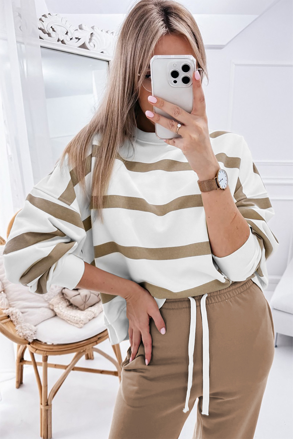 Brown Stripe Striped Drop Shoulder Pullover and Jogger Pants Set