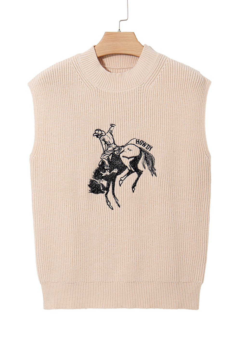 Black Western Cowboy Embroidery Round Neck Sleeveless Sweater