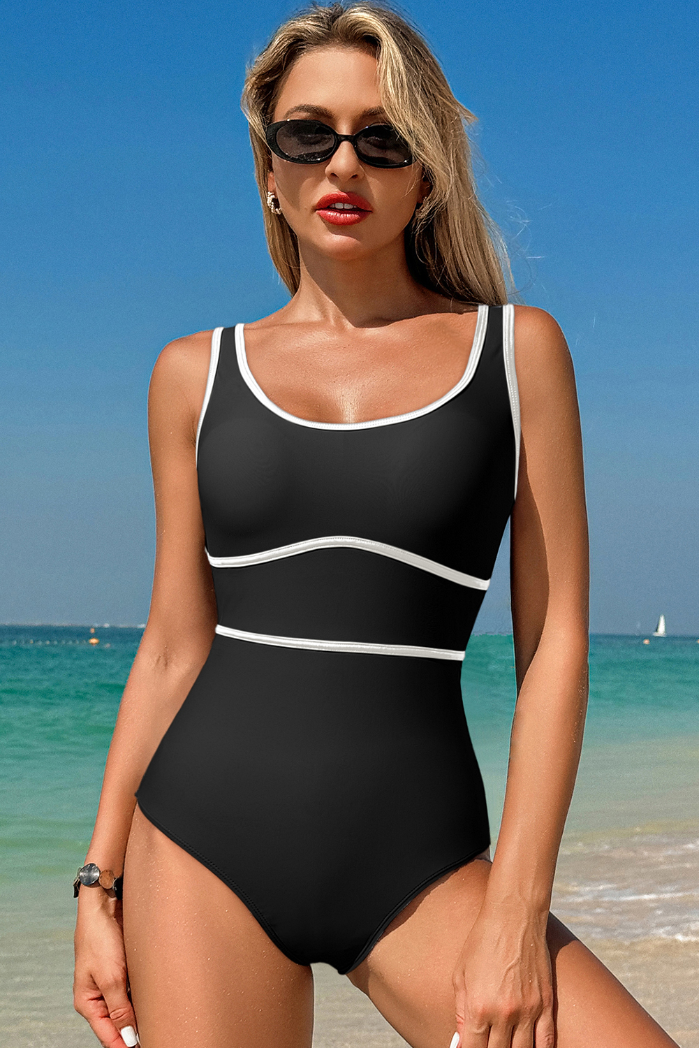 Navy Blue Contrast Trim Lace-up Back One Piece Swimsuit