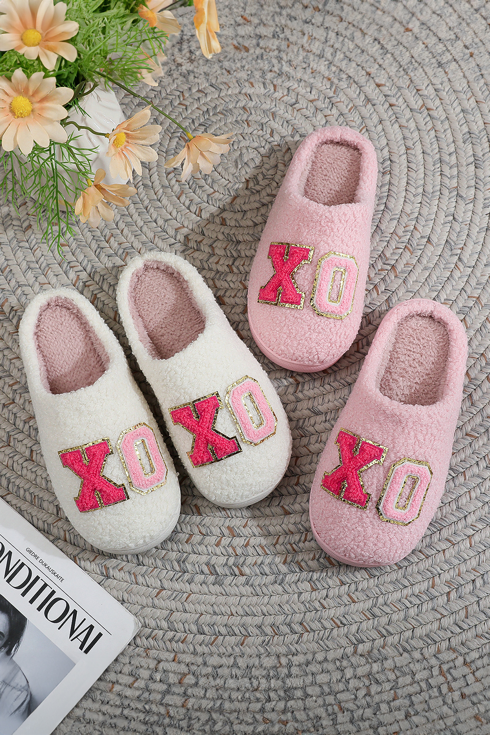 White XO XO Glitter Trim Letter Patched Plush House Slippers