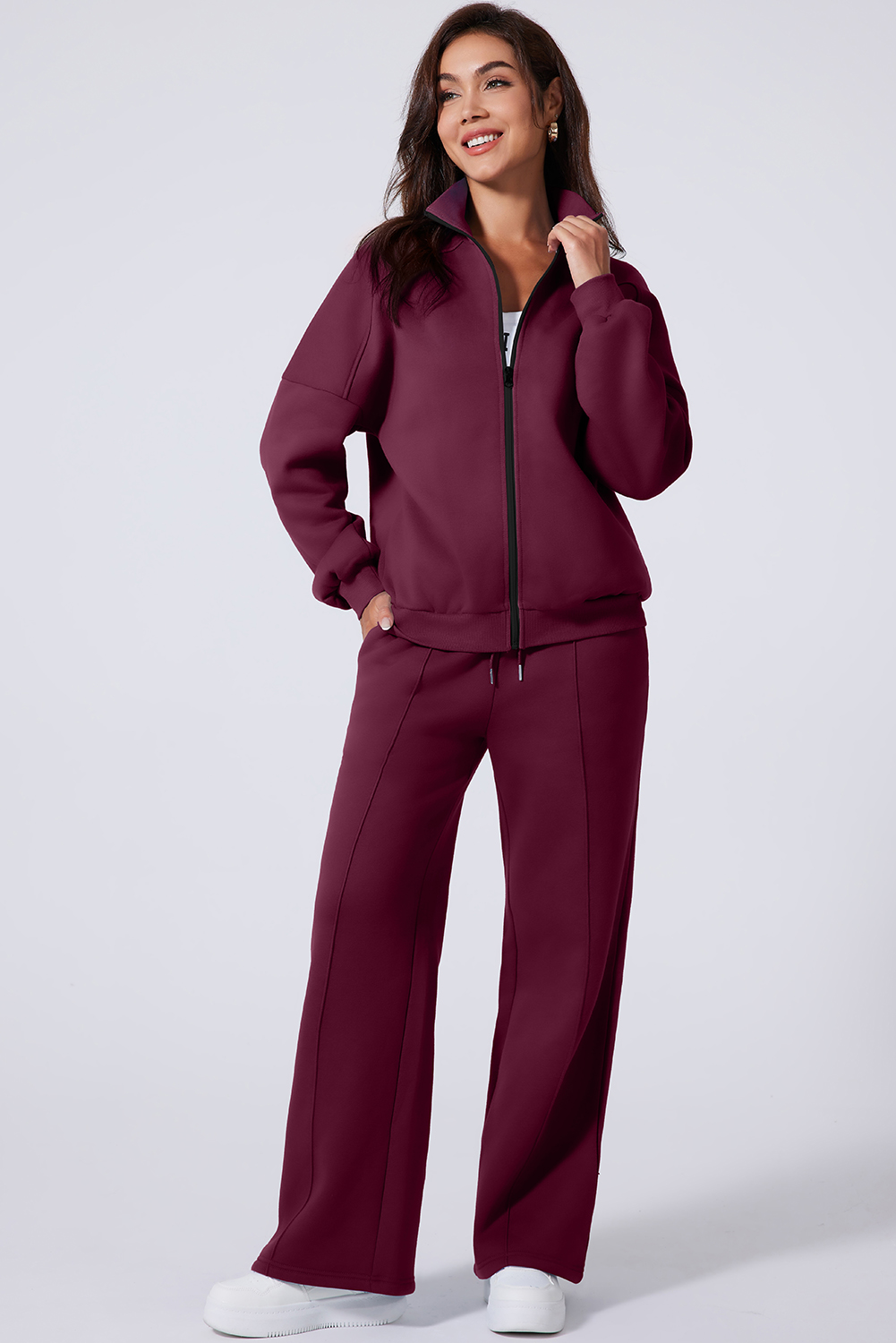 Navy Blue Drop Shoulder Zip Up Jacket Drawstring Pants Active 2pcs Set