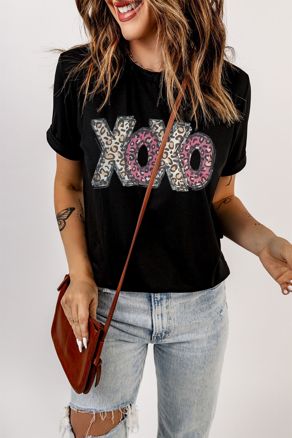Black Leopard XOXO Print T Shirt