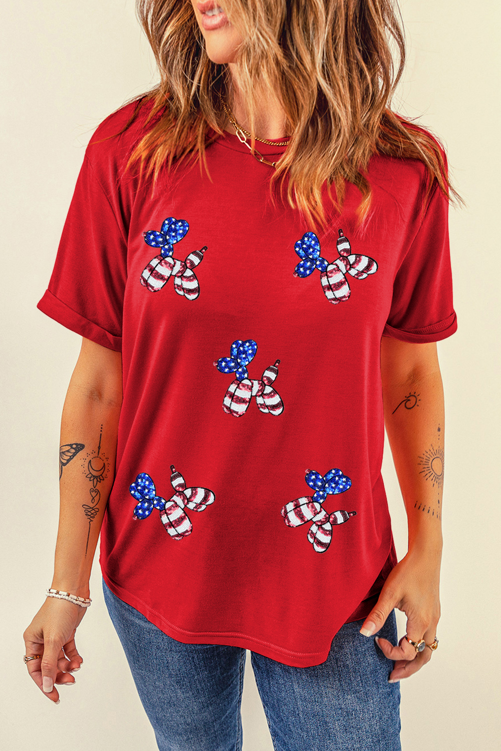 White Sequin Stars and Stripes Balloon Puppy Graphic Crewneck Tee