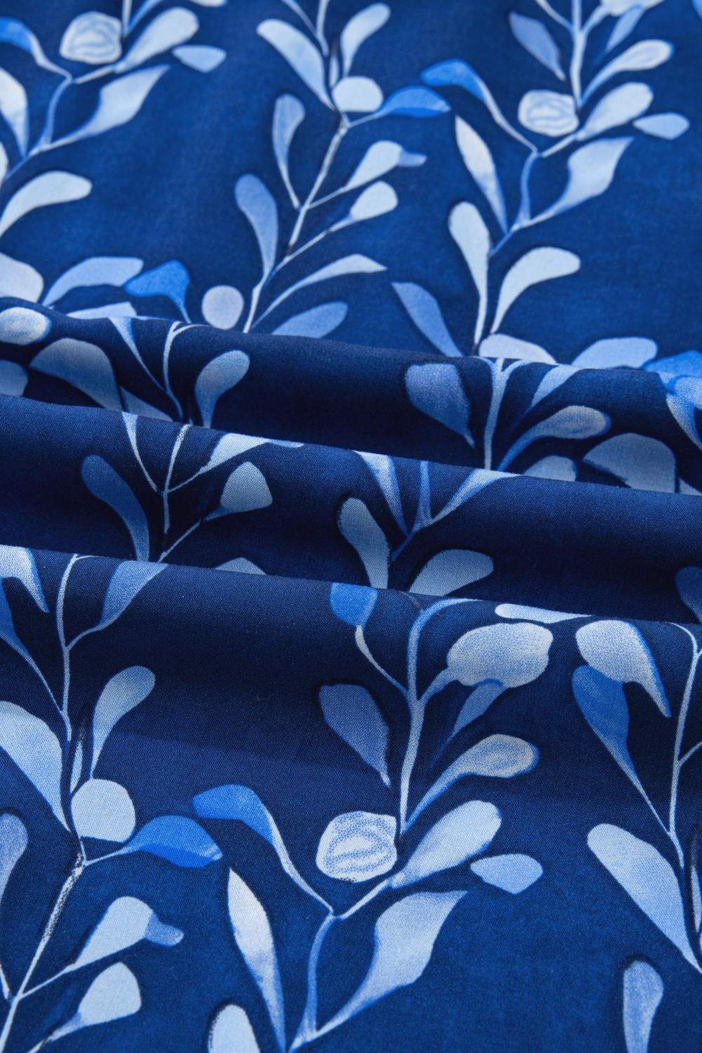 Blue Botanical Print Bracelet Sleeve Notched Neck Blouse