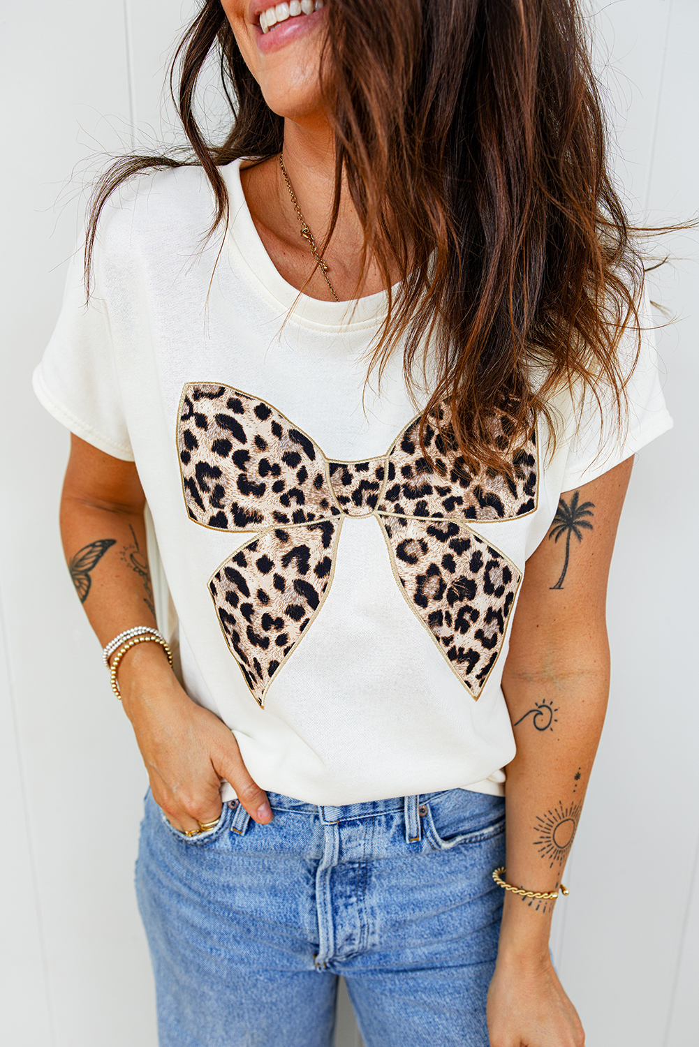Pink Leopard Bow Embroidered Cotton Round Neck T Shirt