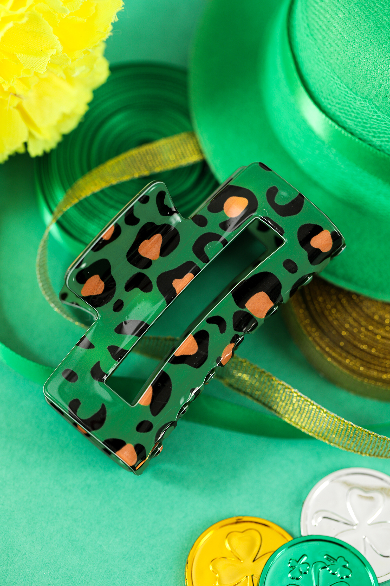 Dark Green Leopard Print Square Hollowed Plastic Hair Claw Clip