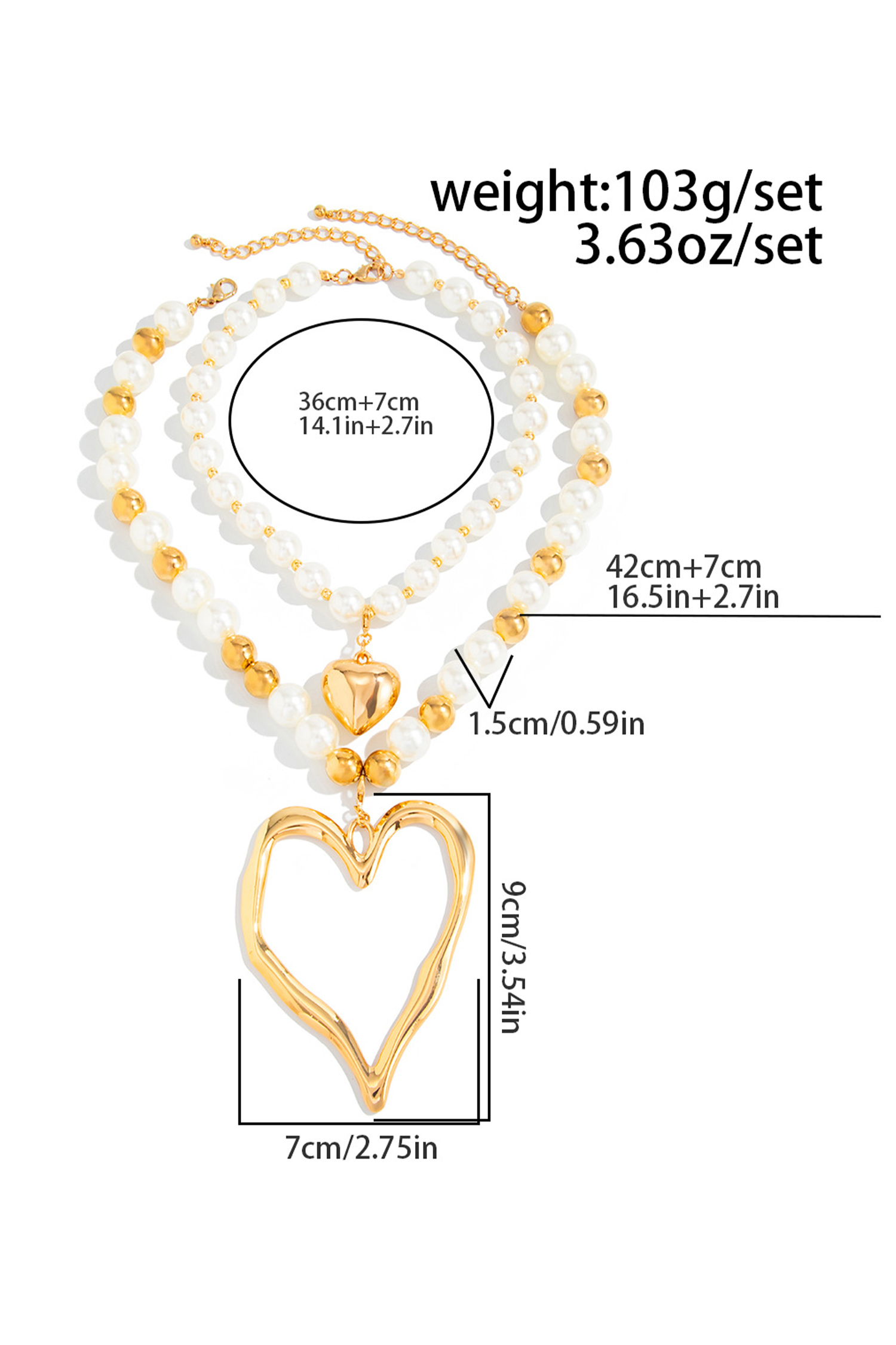 Gold Plated Heart Charm Daring Pearl Beaded 2pcs Necklace Set