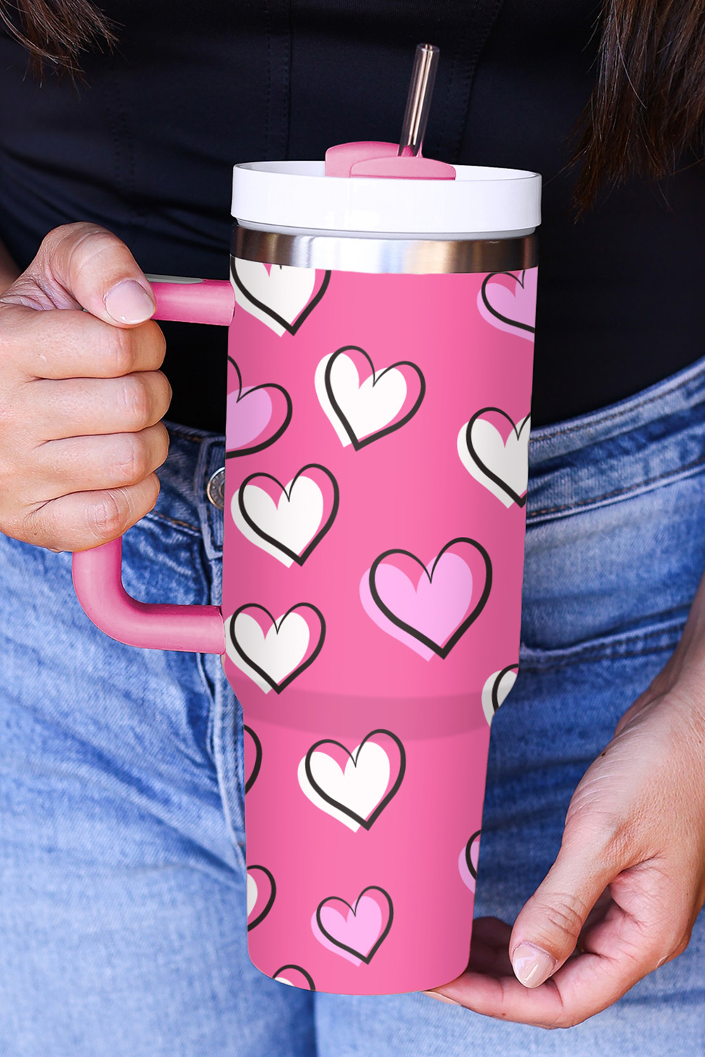 Black Valentines Heart Printed Thermos Cup with Handle 40oz