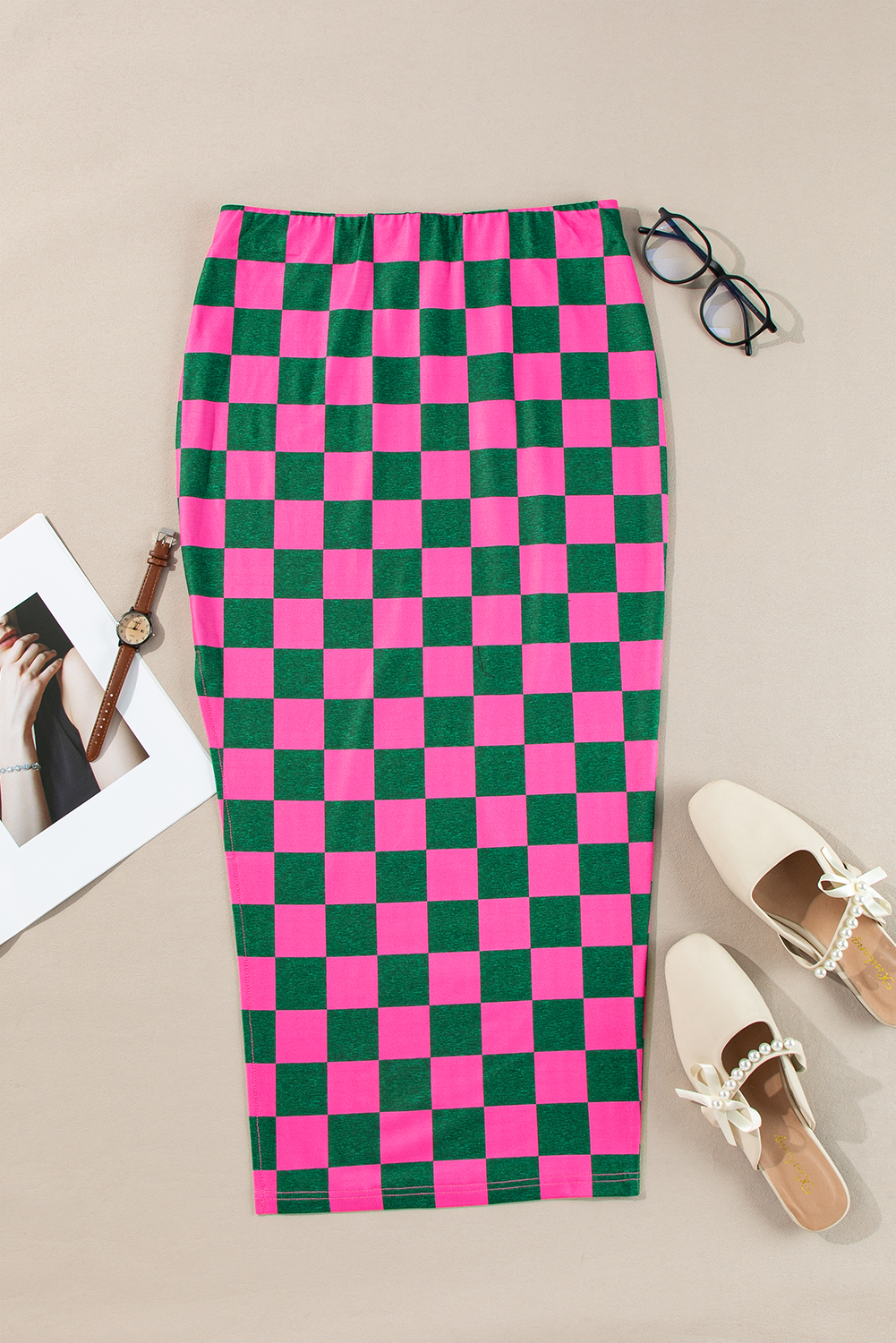 Black 2-Tone Checked Print High Waist Wide Leg Pants
