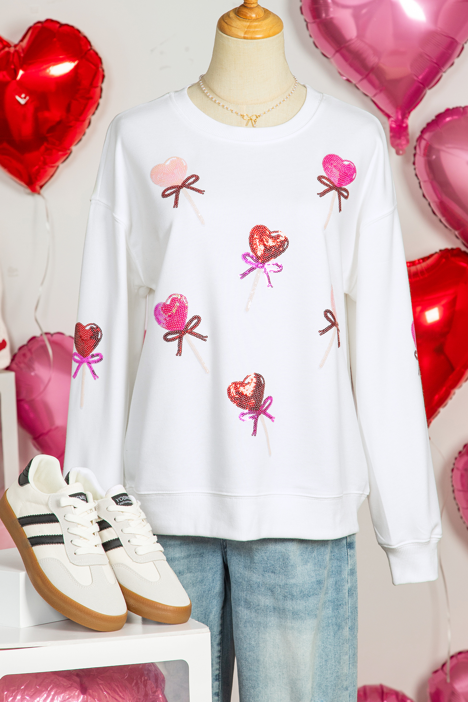 White Sequin Bow Heart Shape Lolly Valentines Day Graphic Sweatshirt