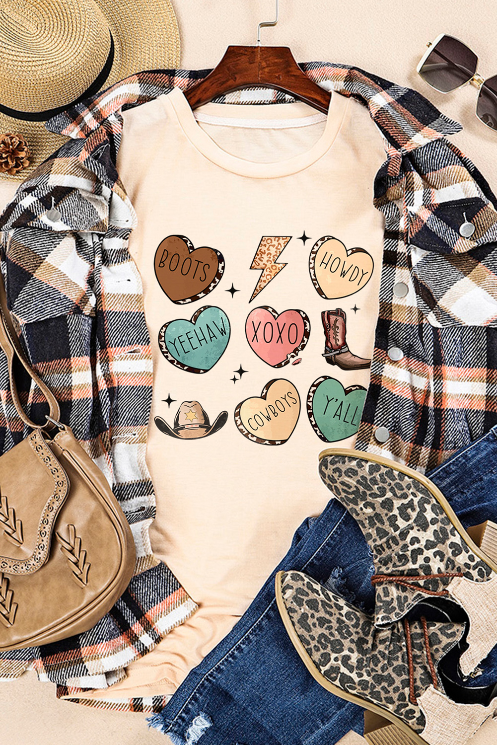 Red Leopard Striped Heart Shaped Print Crew Neck T Shirt