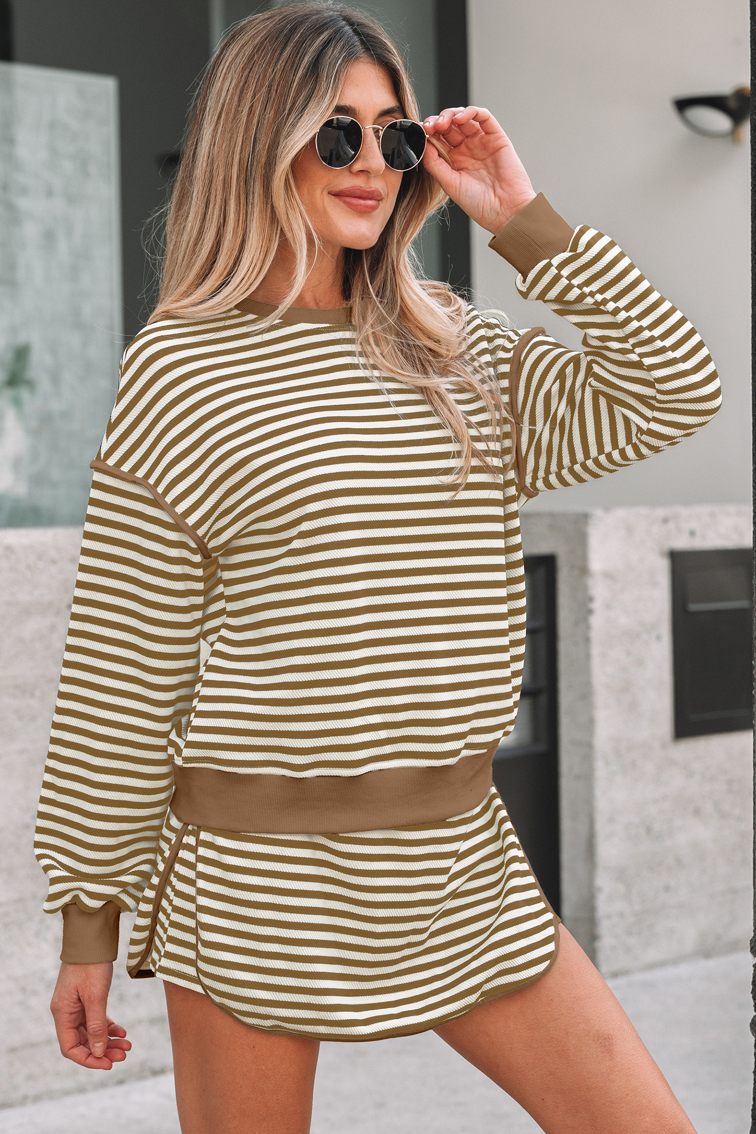 Black Stripe Textured Drop Shoulder Pullover Top Drawstring Mini Skort Two Piece Dress Set