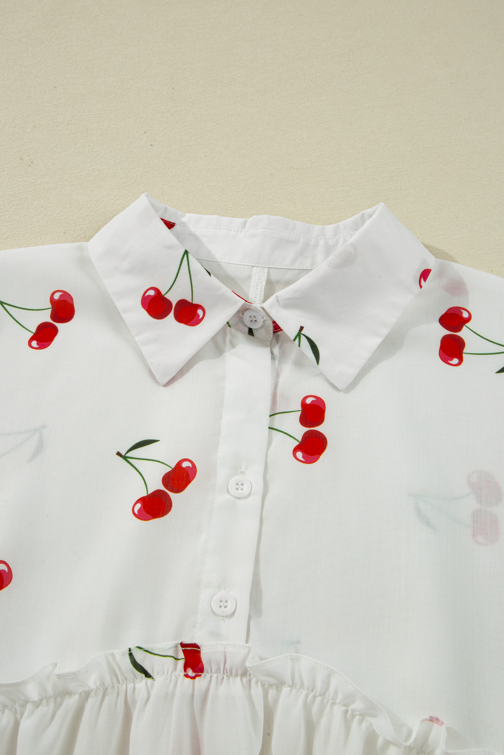 White Cherry Print Flounce Sleeve Collared Frilled Babydoll Blouse
