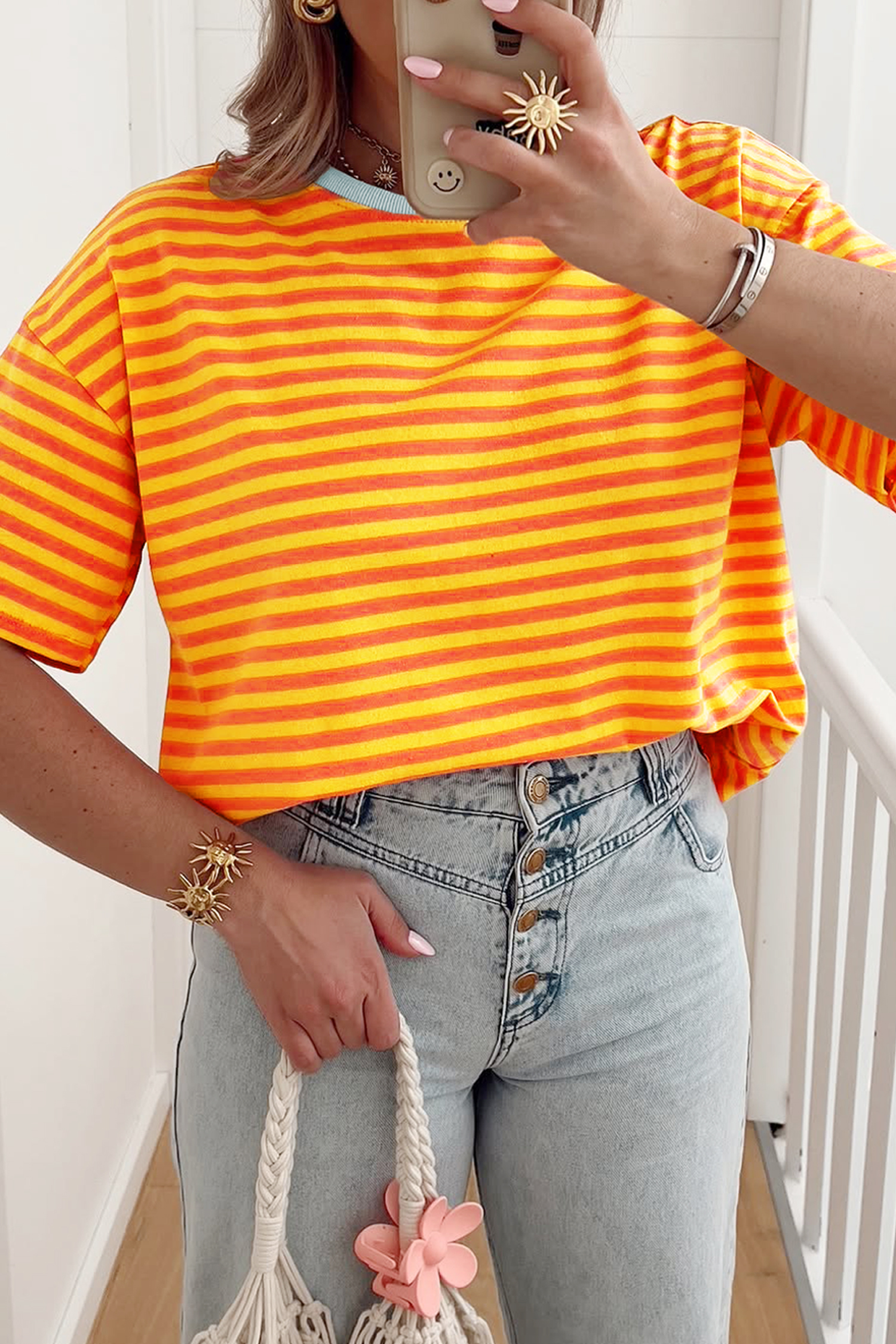 Sky Blue Stripe Contrast Crew Neck Drop Shoulder Loose Tee