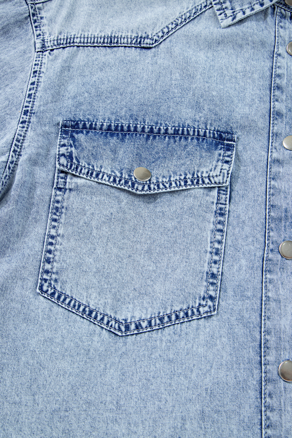 Blue Beau Chest Pocket Raw Hem Denim Loose Shirt Dress