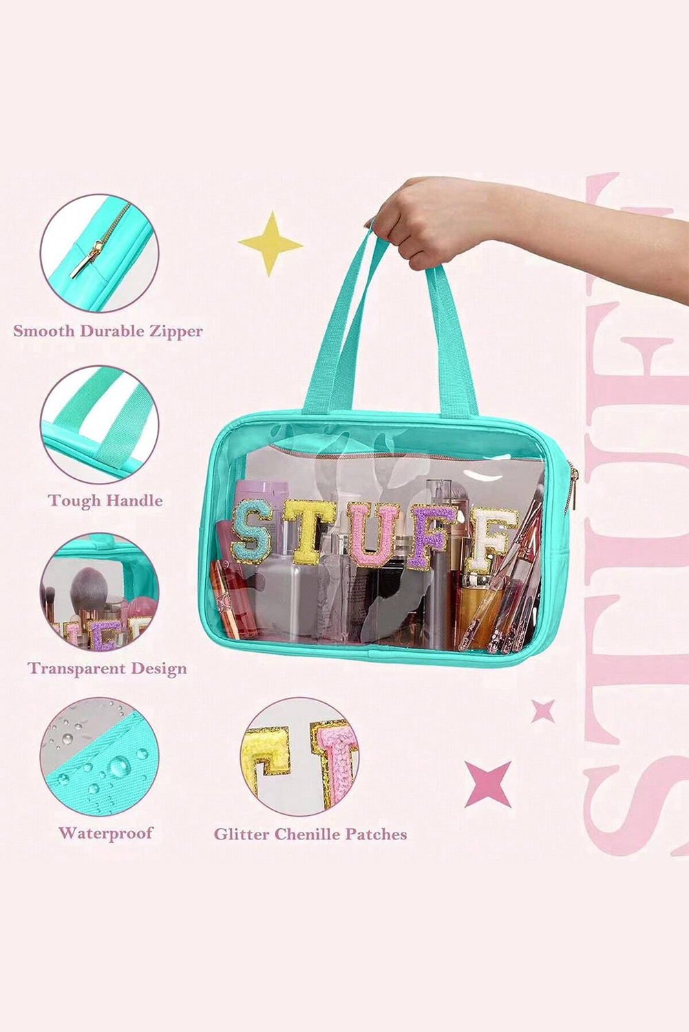 Light Pink TRAVEL Chenille Letter Clear PVC Makeup Bag