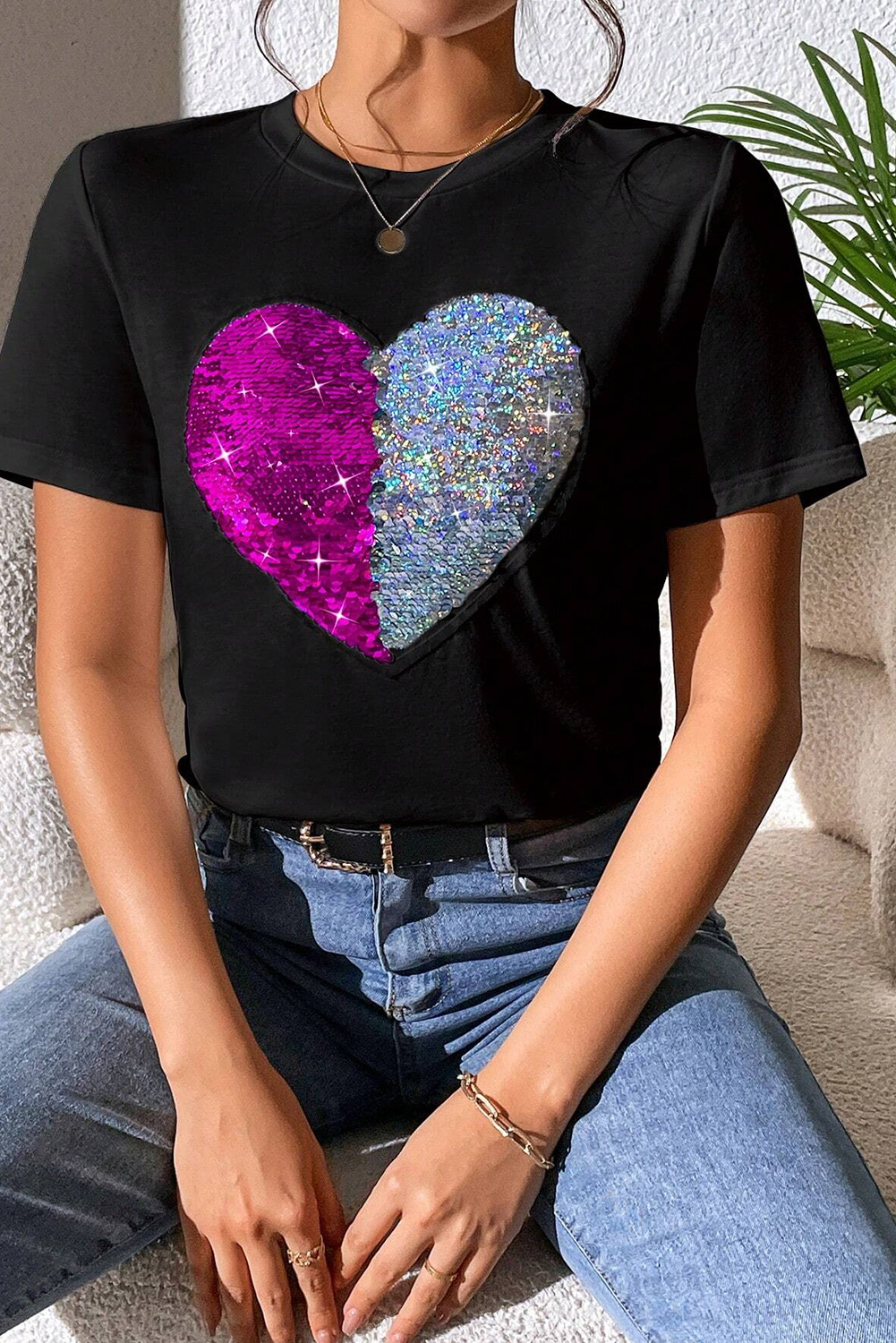 Red Leopard Striped Heart Shaped Print Crew Neck T Shirt