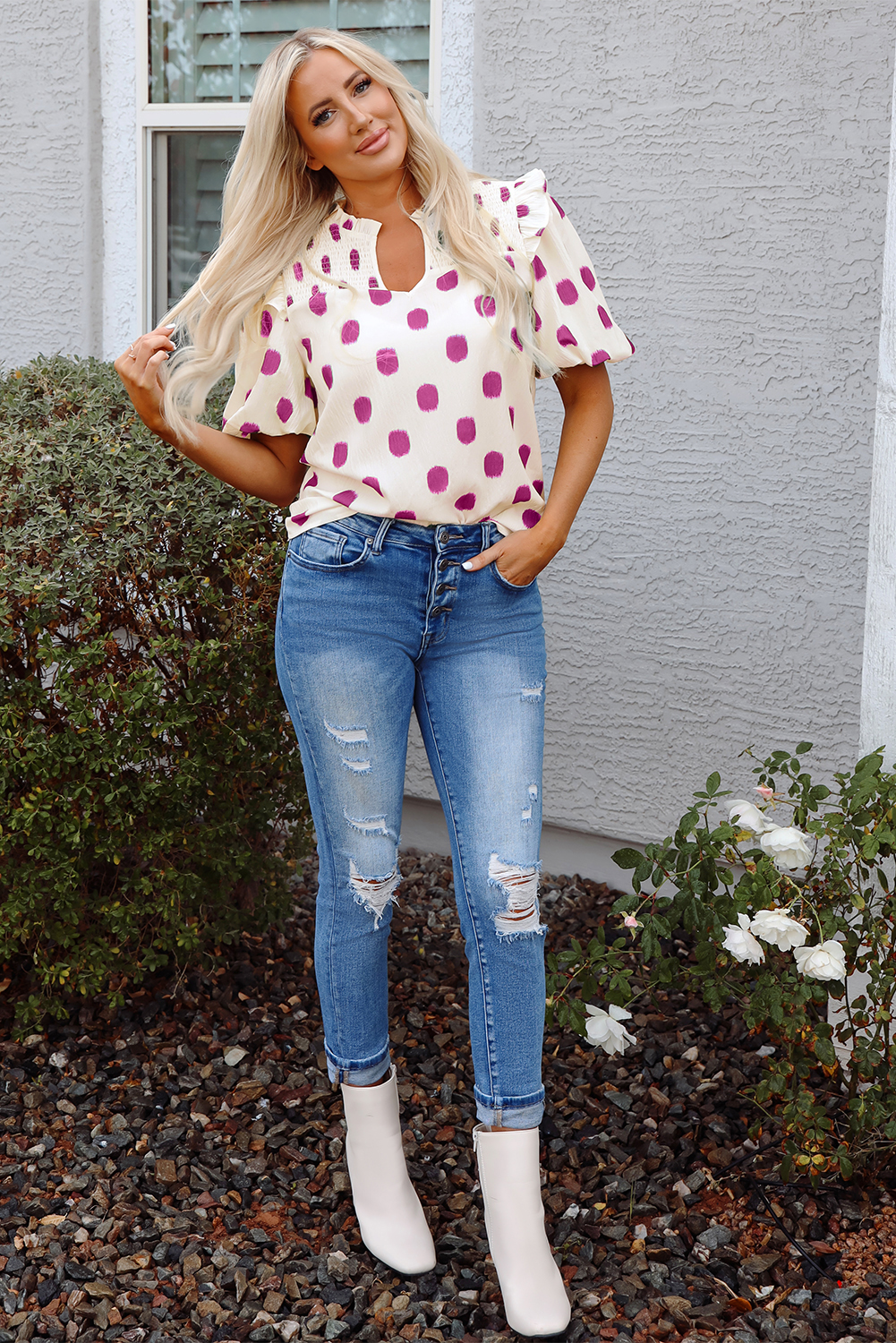 Black Polka Dot Print Shirred Yoke Notched Neck Balloon Sleeve Blouse