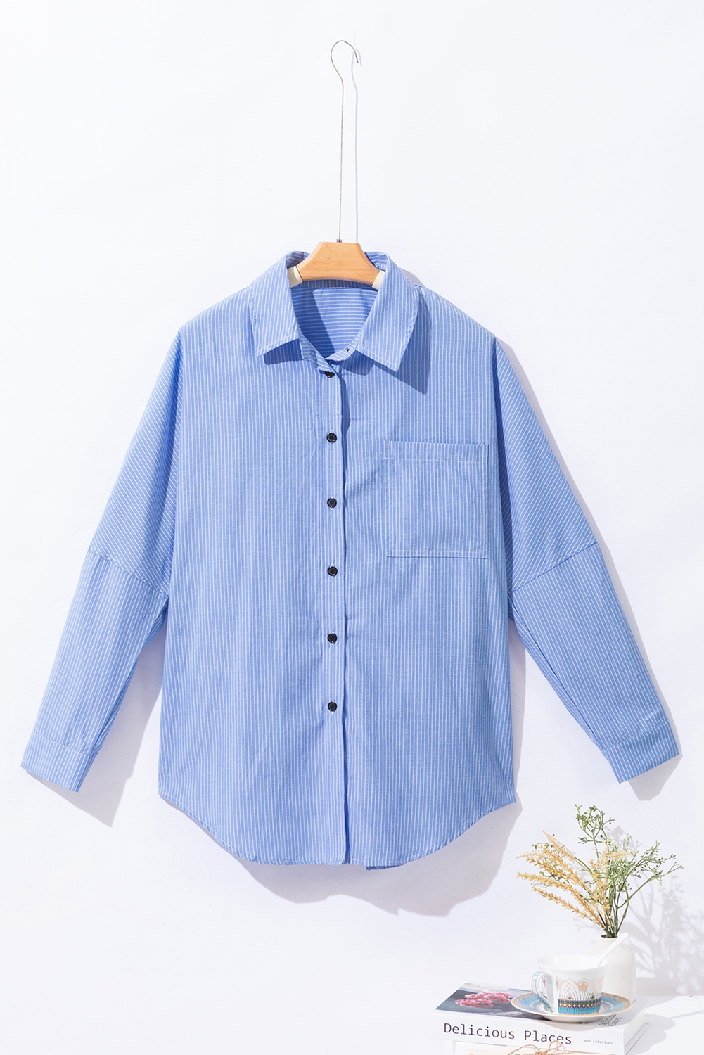 DEAR-LOVER Stripe Roll-tab Sleeve Pocketed Long Shirt