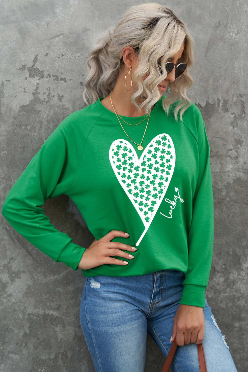 Green St. Patricks LUCKY Clover Print Raglan Sleeve Sweatshirt