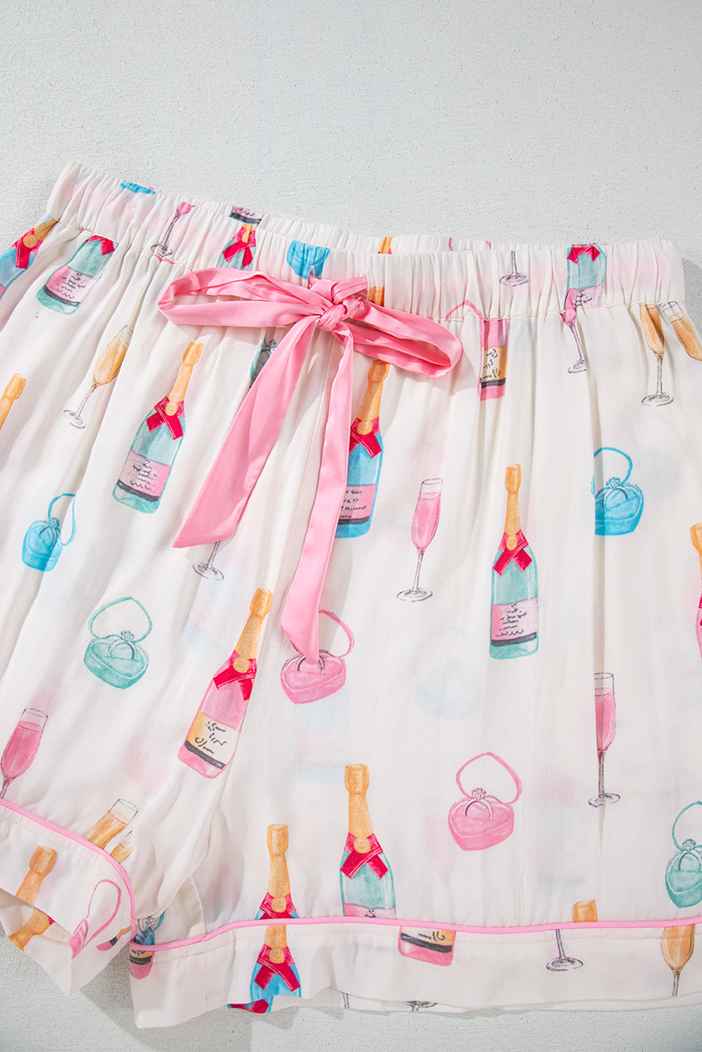 White Christmas Wine Glass Print Bow Knot Two Piece Pajama Set
