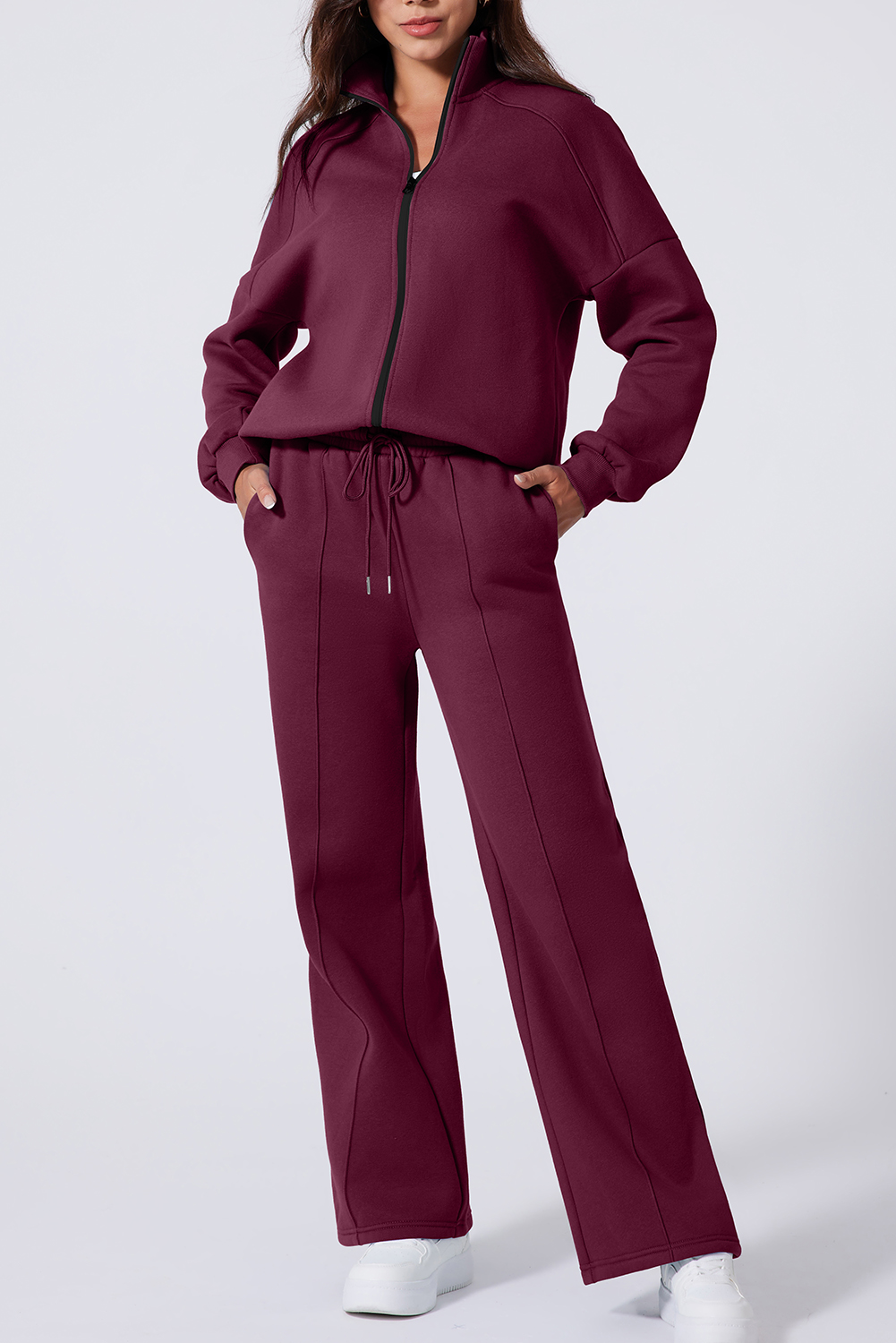 Navy Blue Drop Shoulder Zip Up Jacket Drawstring Pants Active 2pcs Set