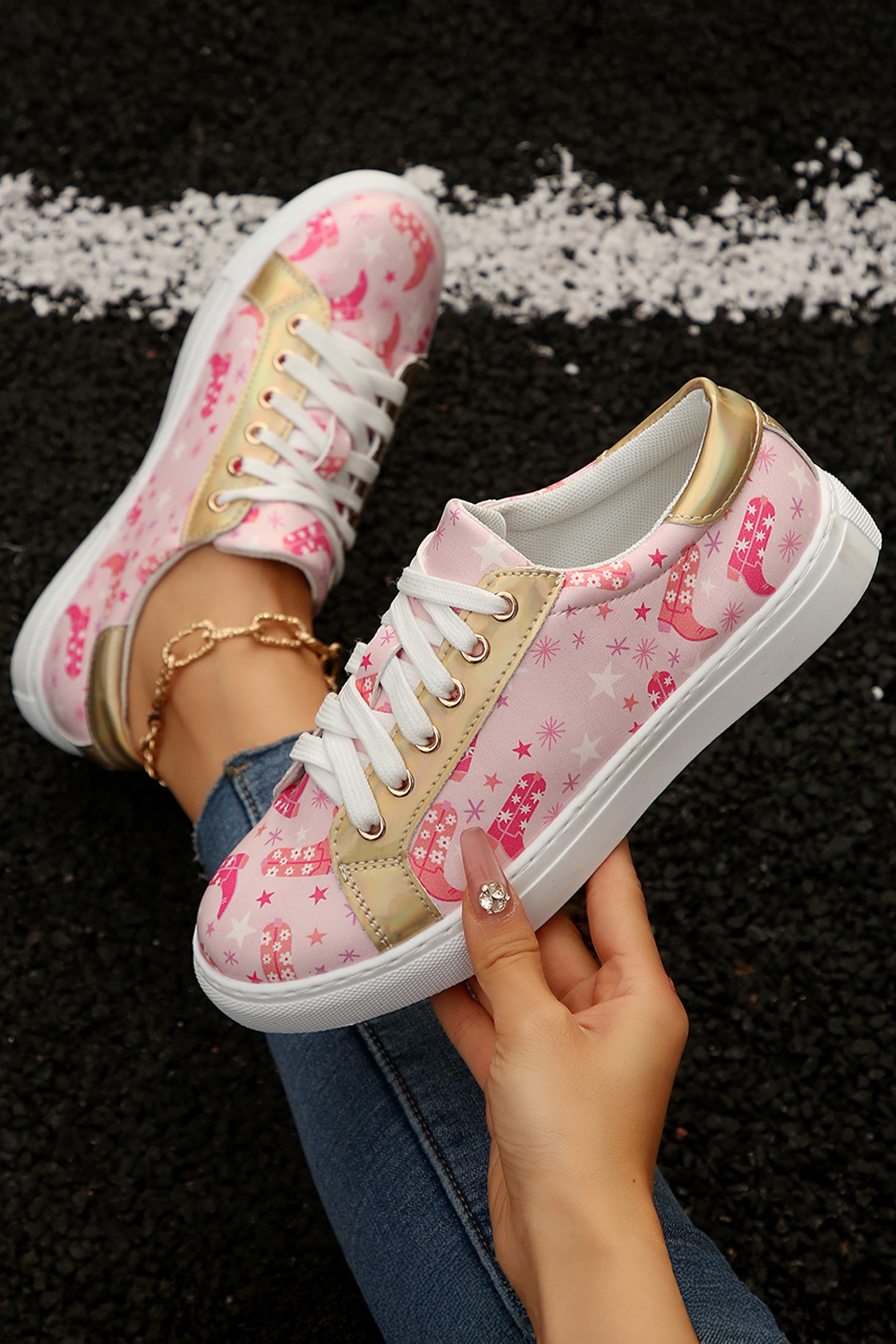 Pink Boots Print PU Leather Lace-up Shoes