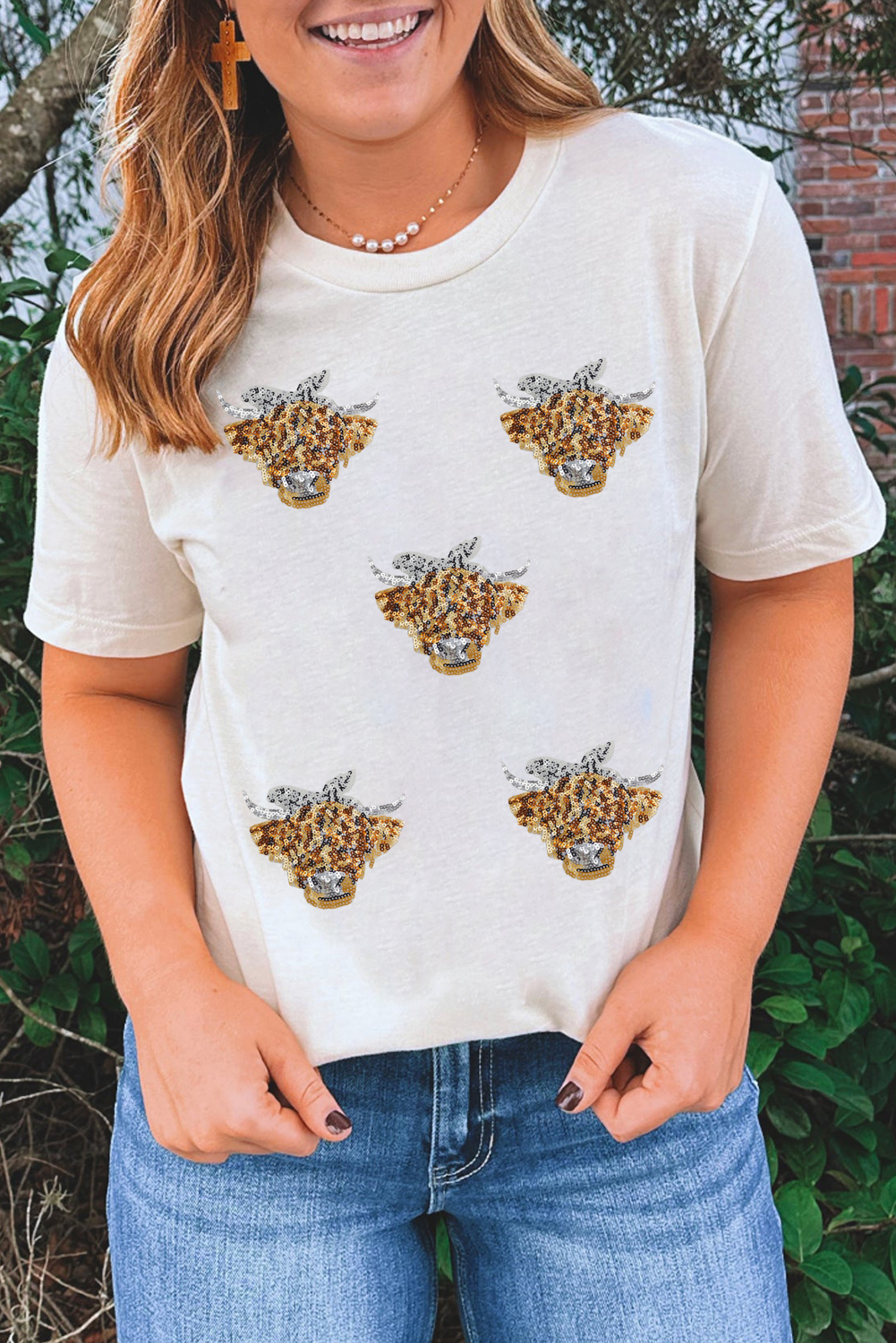 White Western Bow Heifer Graphic Casual T Shirt