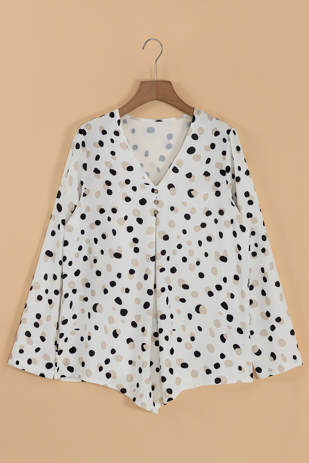 Green Polka Dot Print Button Front V Neck Blouse