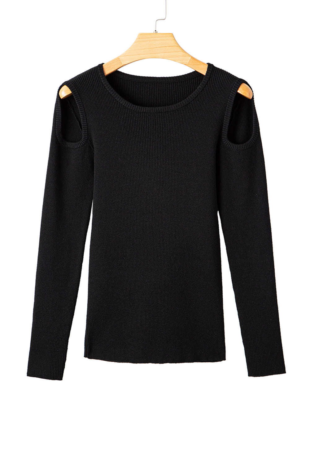 Black Ribbed Knit Cold Shoulder Sweater