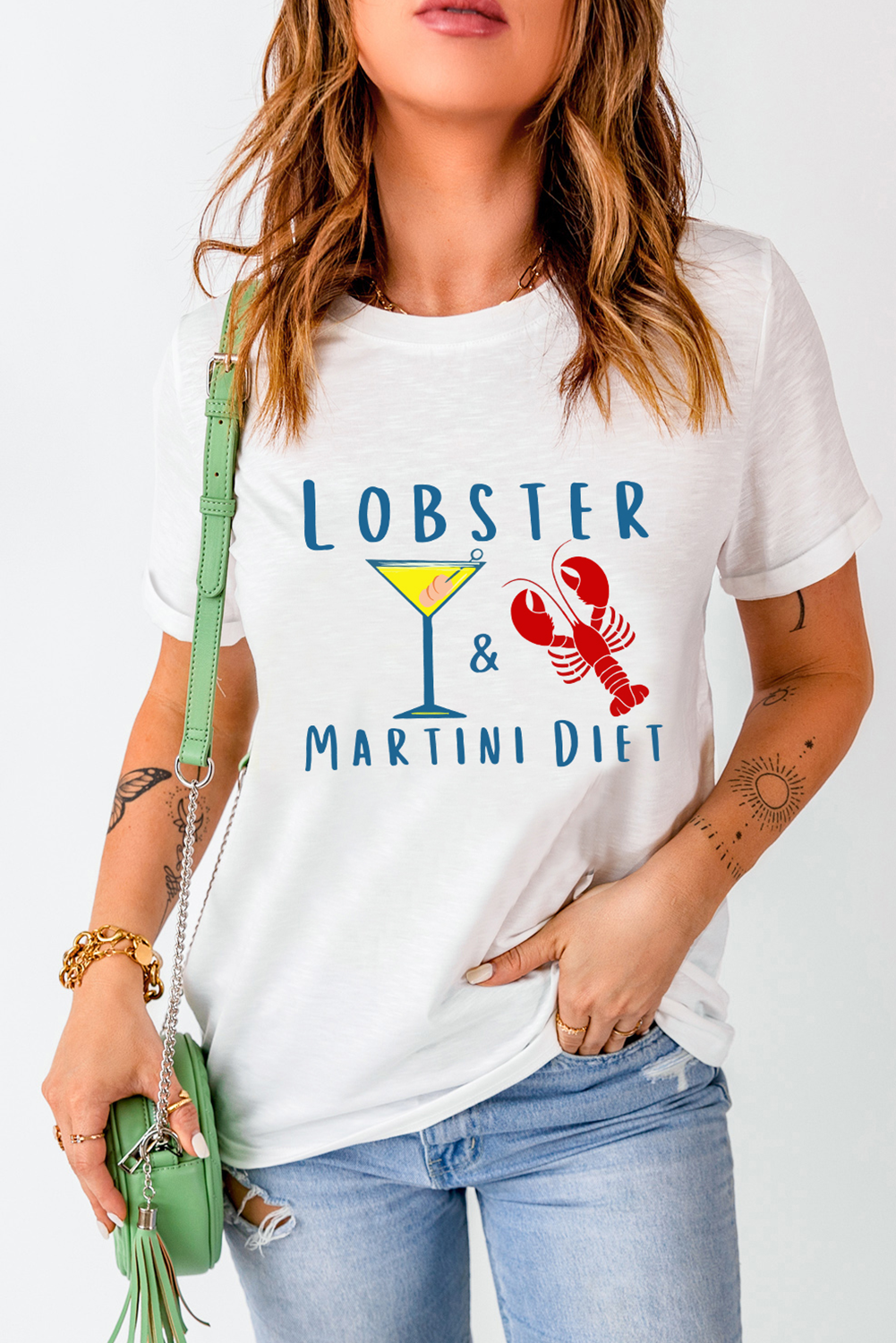 White LOBSTER MARTINI DIET Cocktail & Crawfish Print T Shirt