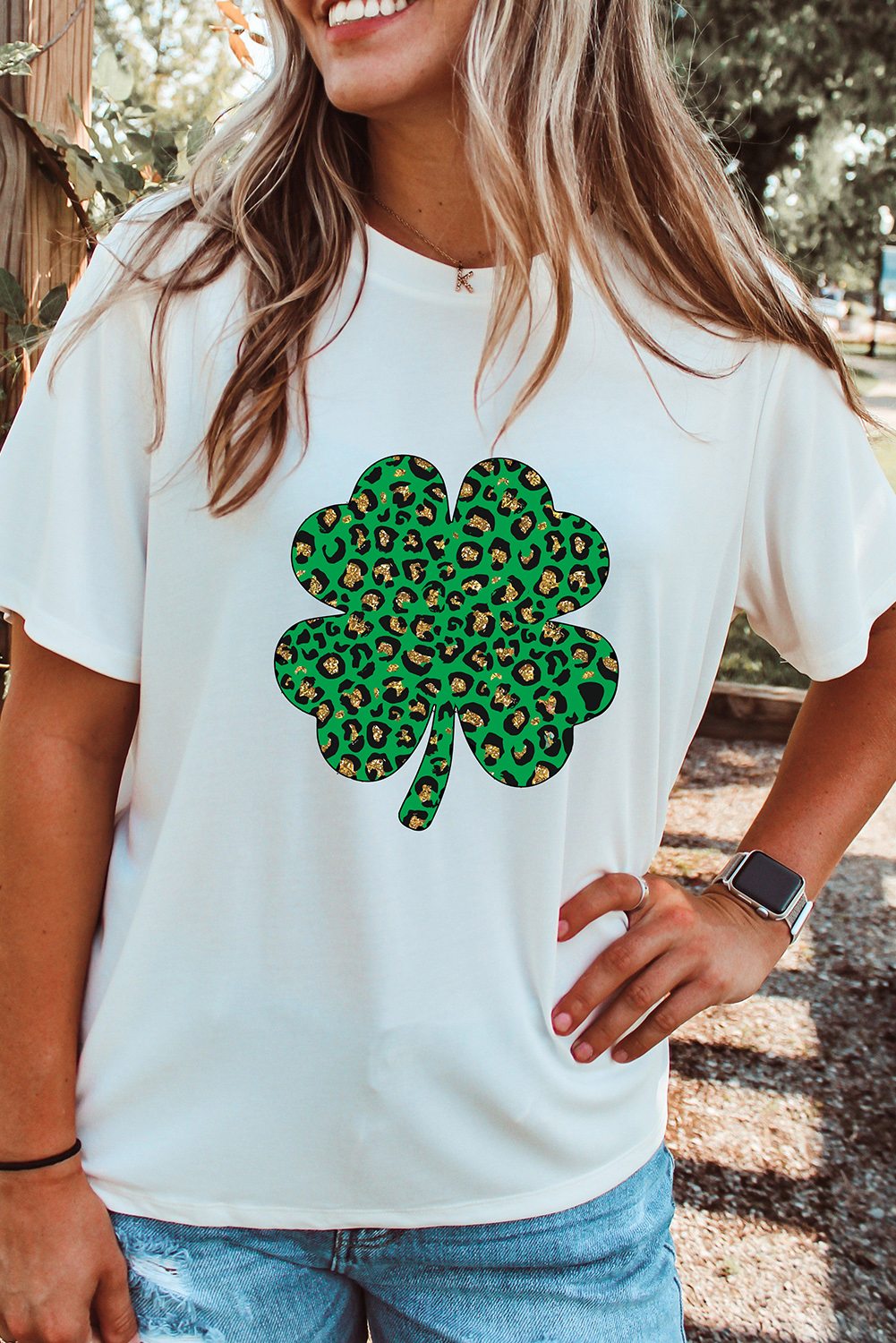 Black St. Patricks Lucky Clover Print O Neck T Shirt