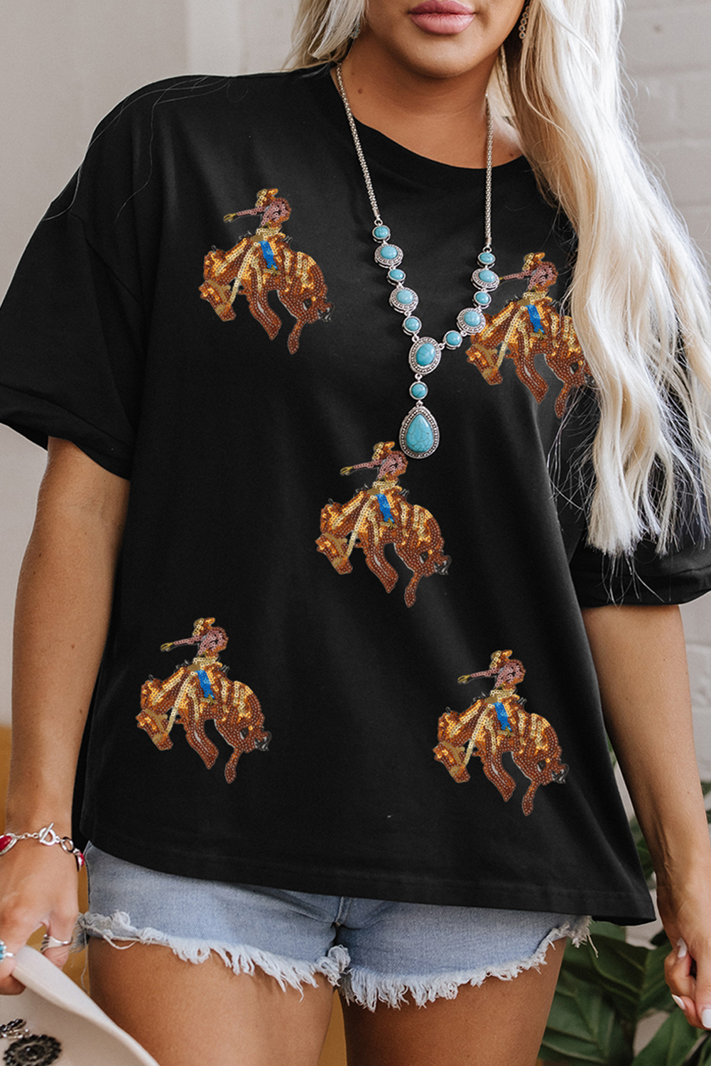Black Western Horse Patched Crew Neck Graphic T Shirt