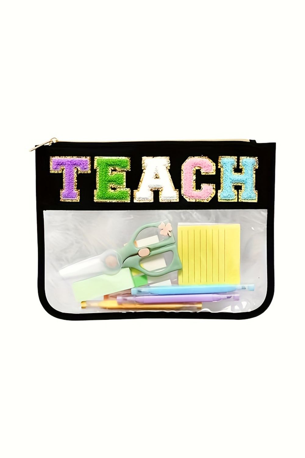 Black TEACH Glitter Chenille Clear PVC Makeup Bag